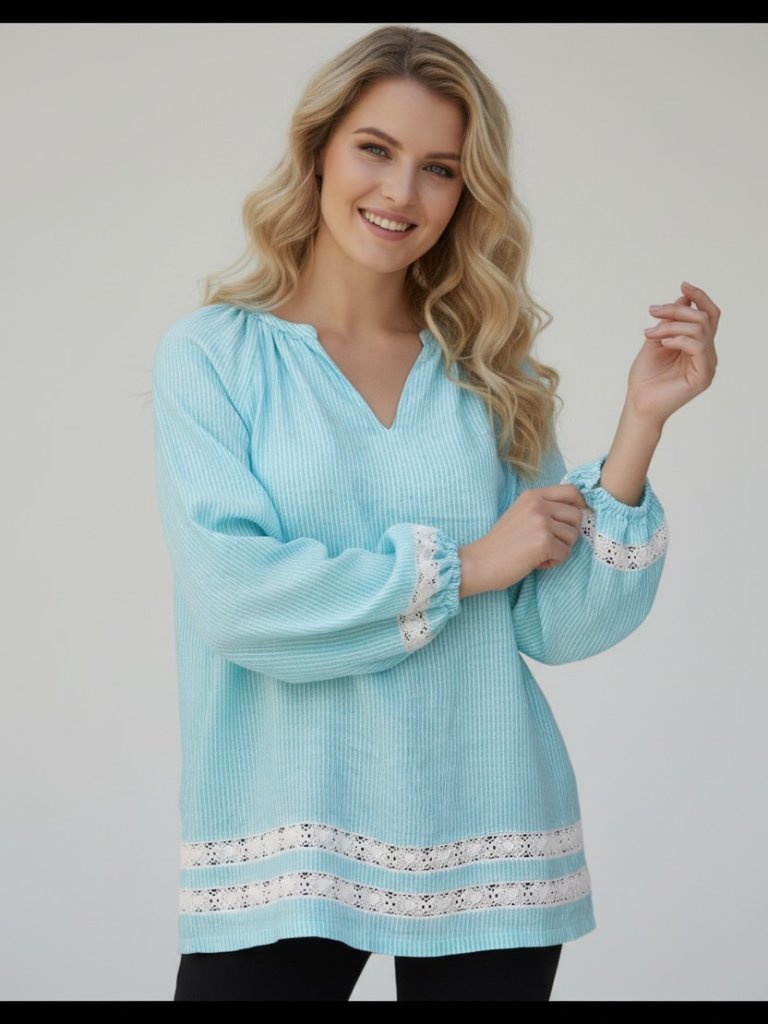 Lauren Ralph Lauren Linen W/ Lace Women's M Trim Top V Neck Turquoise Blue White